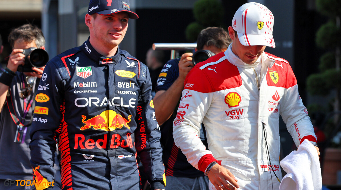 Formula One World Championship
(L to R): Pole sitter Max Verstappen (NLD) Red Bull Racing with third placed Charles Leclerc (MON) Ferrari in qualifying parc ferme.

27.05.2023. Formula 1 World Championship, Rd 7, Monaco Grand Prix, Monte Carlo, Monaco, Qualifying Day.

- www.xpbimages.com, EMail: requests@xpbimages.com (C) Copyright: Batchelor / XPB Images
Motor Racing - Formula One World Championship - Monaco Grand Prix - Qualifying Day - Monte Carlo, Monaco
XPB Images
Monaco
Monte Carlo

Formel1 Formel F1 Formula 1 Formula1 GP Grand Prix one May Monaco Monte Carlo Monte-Carlo Saturday 27 5 05 2023 Sprint Portrait