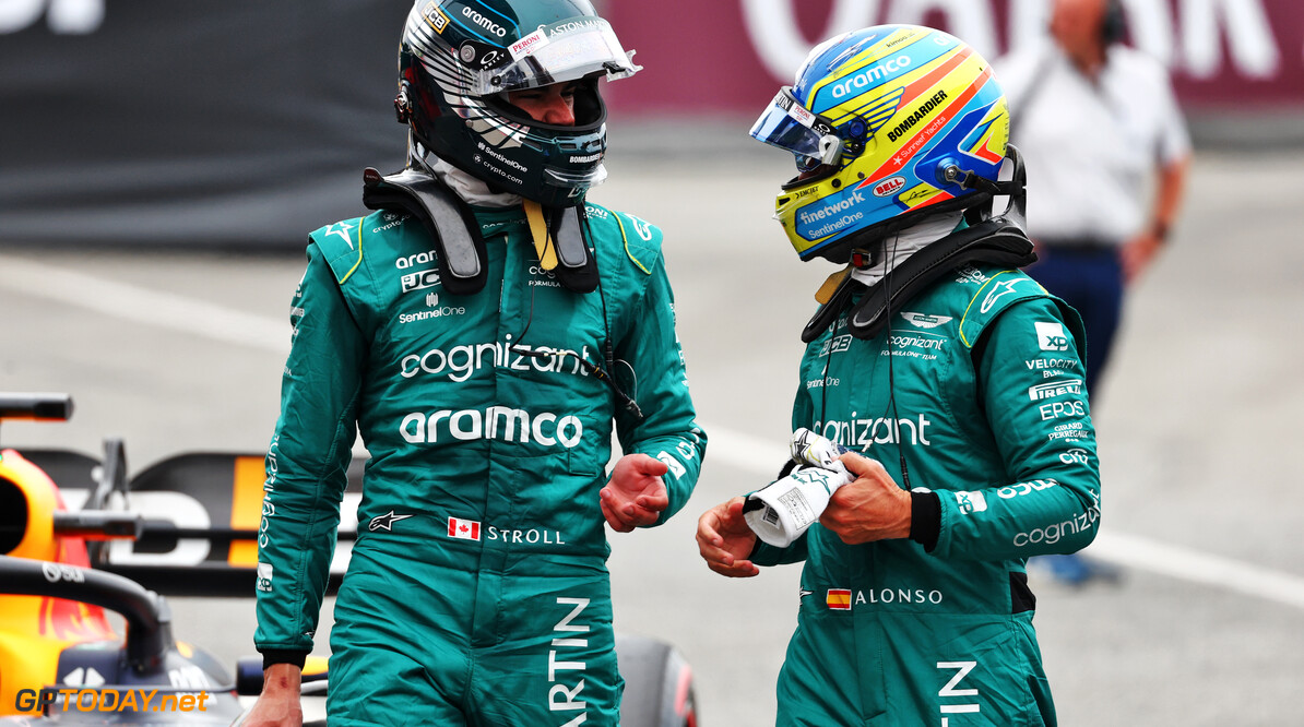 Formula One World Championship
(L to R): Lance Stroll (CDN) Aston Martin F1 Team and Fernando Alonso (ESP) Aston Martin F1 Team in qualifying parc ferme.

03.06.2023. Formula 1 World Championship, Rd 8, Spanish Grand Prix, Barcelona, Spain, Qualifying Day.

 - www.xpbimages.com, EMail: requests@xpbimages.com (C) Copyright: Coates / XPB Images
Motor Racing - Formula One World Championship - Spanish Grand Prix - Qualifying Day - Barcelona, Spain
XPB Images
Barcelona
Spain

Formel1 Formel F1 Formula 1 Formula1 GP Grand Prix one Circuit de Catalunya May Spanish Spain Montmelo Saturday 03 3 06 6 2023 Qualifying Portrait
