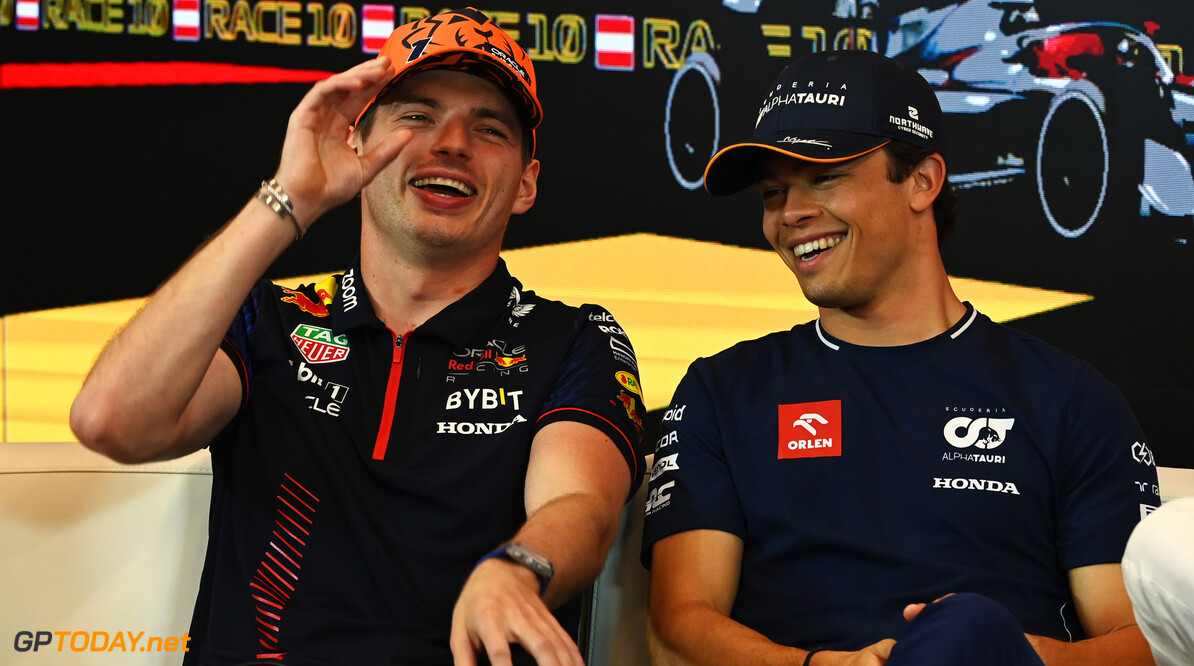 Formula One World Championship
(L to R): Max Verstappen (NLD) Red Bull Racing and Nyck de Vries (NLD) AlphaTauri in the FIA Press Conference.

29.06.2023. Formula 1 World Championship, Rd 10, Austrian Grand Prix, Spielberg, Austria, Preparation Day.

- www.xpbimages.com, EMail: requests@xpbimages.com (C) Copyright: XPB Images
Motor Racing - Formula One World Championship - Austrian Grand Prix - Preparation Day - Spielberg, Austria
xpbimages.com
Spielberg
Austria

Formel1 Formel F1 Formula 1 Formula1 GP Grand Prix one Thursday