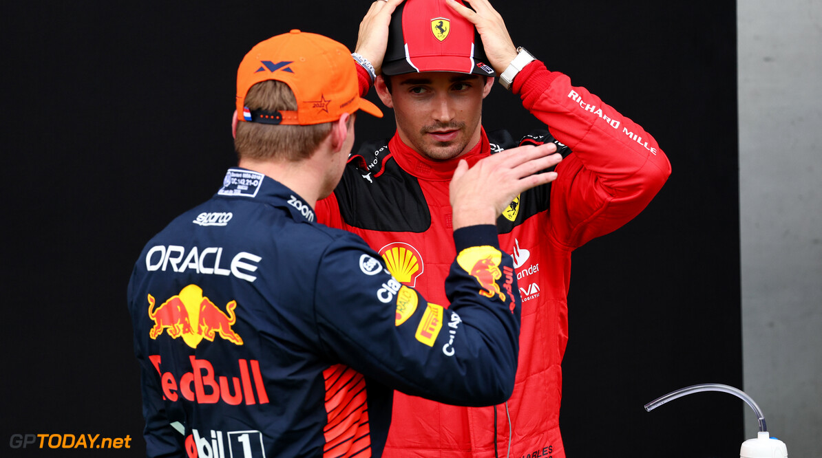 Formula One World Championship
(L to R): Max Verstappen (NLD) Red Bull Racing and Charles Leclerc (MON) Ferrari in qualifying parc ferme.

30.06.2023. Formula 1 World Championship, Rd 10, Austrian Grand Prix, Spielberg, Austria, Qualifying Day.

- www.xpbimages.com, EMail: requests@xpbimages.com (C) Copyright: Batchelor / XPB Images
Motor Racing - Formula One World Championship - Austrian Grand Prix - Qualifying Day - Spielberg, Austria
xpbimages.com
Spielberg
Austria

Formel1 Formel F1 Formula 1 Formula1 GP Grand Prix one Circuit A