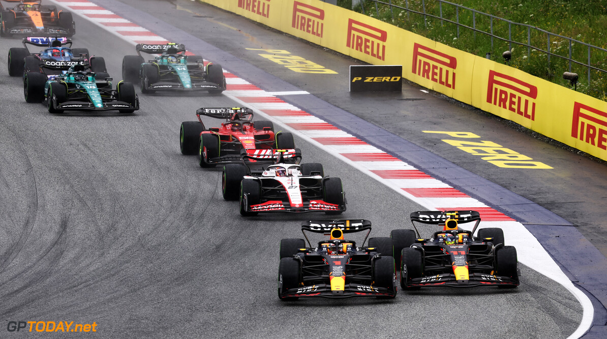 Formula One World Championship
(L to R): Max Verstappen (NLD) Red Bull Racing RB19 and team mate Sergio Perez (MEX) Red Bull Racing RB19 battle for the lead at the start of the race.

01.07.2023. Formula 1 World Championship, Rd 10, Austrian Grand Prix, Spielberg, Austria, Sprint Day.

- www.xpbimages.com, EMail: requests@xpbimages.com (C) Copyright: Batchelor / XPB Images
Motor Racing - Formula One World Championship - Austrian Grand Prix - Sprint Day - Spielberg, Austria
xpbimages.com
Spielberg
Austria

Formel1 Formel F1 Formula 1 Formula1 GP Grand Prix one Circuit A