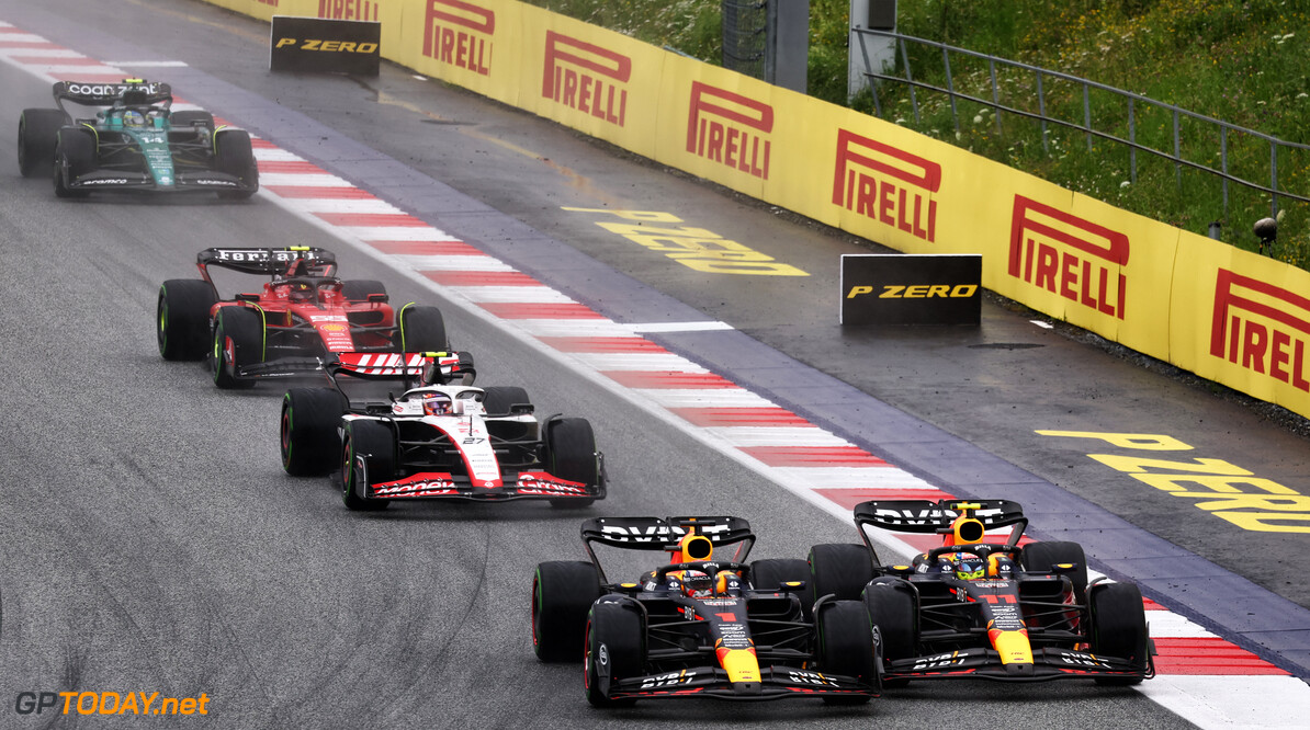 Formula One World Championship
(L to R): Max Verstappen (NLD) Red Bull Racing RB19 and team mate Sergio Perez (MEX) Red Bull Racing RB19 battle for the lead at the start of the race.

01.07.2023. Formula 1 World Championship, Rd 10, Austrian Grand Prix, Spielberg, Austria, Sprint Day.

- www.xpbimages.com, EMail: requests@xpbimages.com (C) Copyright: Batchelor / XPB Images
Motor Racing - Formula One World Championship - Austrian Grand Prix - Sprint Day - Spielberg, Austria
xpbimages.com
Spielberg
Austria

Formel1 Formel F1 Formula 1 Formula1 GP Grand Prix one Circuit A