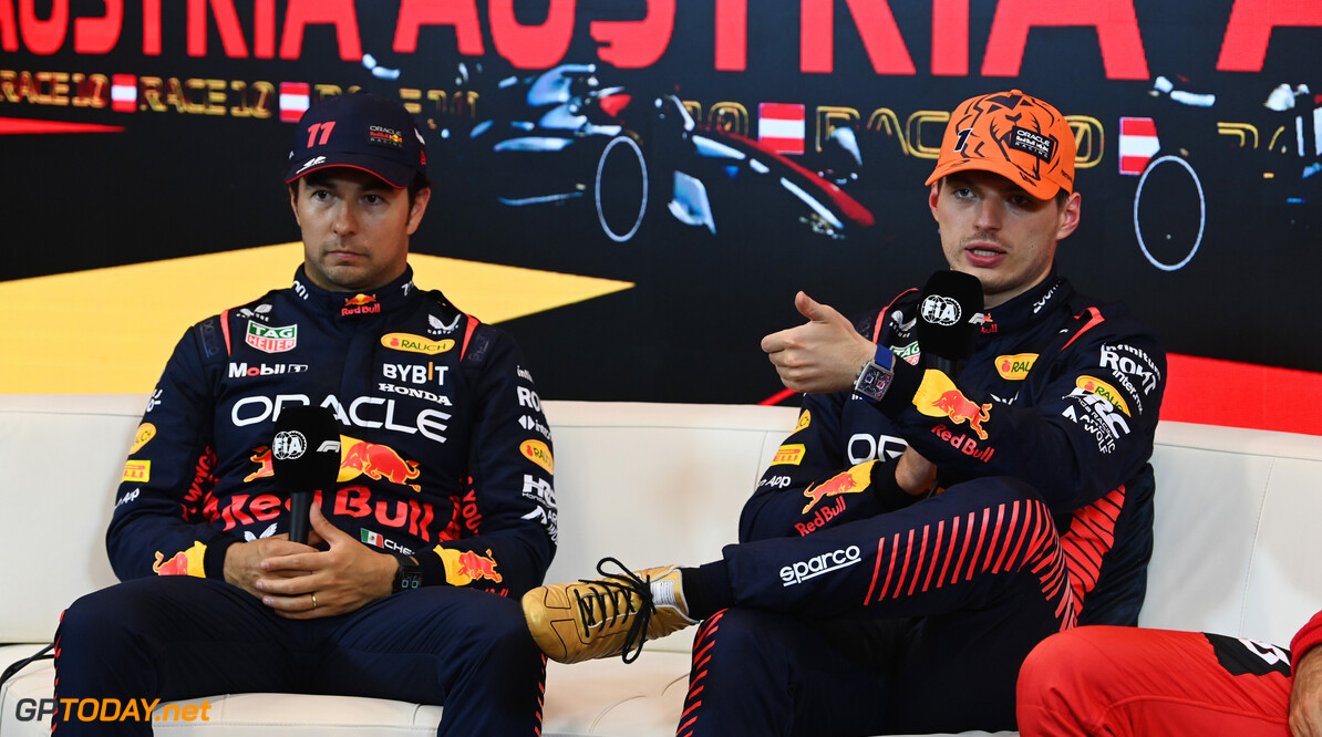 Formula One World Championship
(L to R): Sergio Perez (MEX) Red Bull Racing and team mate Max Verstappen (NLD) Red Bull Racing in the post Sprint FIA Press Conference.

01.07.2023. Formula 1 World Championship, Rd 10, Austrian Grand Prix, Spielberg, Austria, Sprint Day.

- www.xpbimages.com, EMail: requests@xpbimages.com (C) Copyright: XPB Images
Motor Racing - Formula One World Championship - Austrian Grand Prix - Sprint Day - Spielberg, Austria
xpbimages.com
Spielberg
Austria

Formel1 Formel F1 Formula 1 Formula1 GP Grand Prix one Circuit A