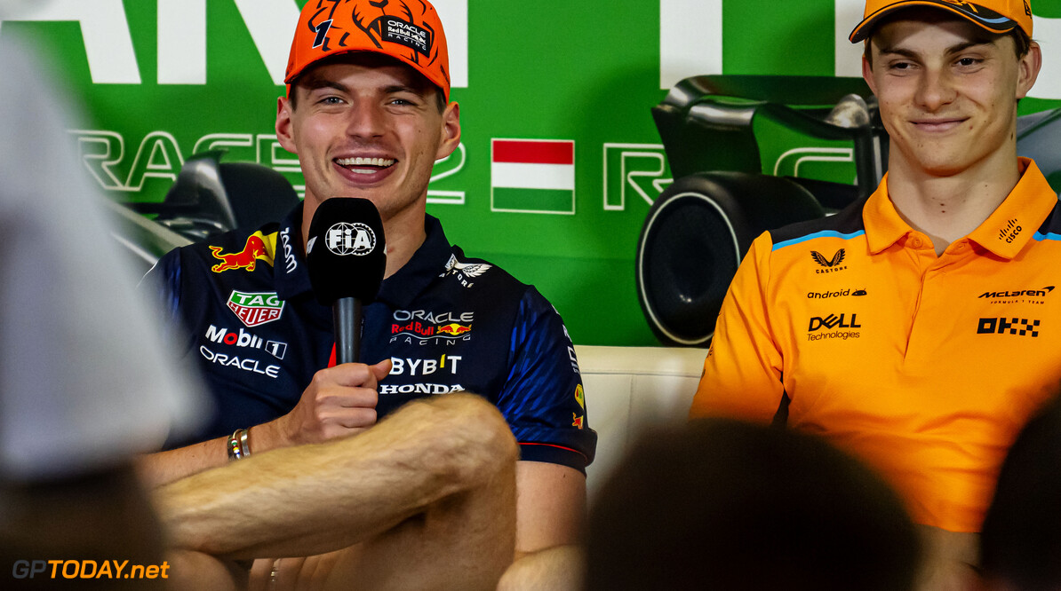 Formula One World Championship
(L to R): Max Verstappen (NLD) Red Bull Racing and Oscar Piastri (AUS) McLaren in the FIA Press Conference.

20.07.2023. Formula 1 World Championship, Rd 12, Hungarian Grand Prix, Budapest, Hungary, Preparation Day.

- www.xpbimages.com, EMail: requests@xpbimages.com (C) Copyright: XPB Images
Motor Racing - Formula One World Championship - Hungarian Grand Prix - Preparation Day - Budapest, Hungary
XPB Images
Budapest
Hungary

Formel1 Formel F1 Formula 1 Formula1 GP Grand Prix one Thursday