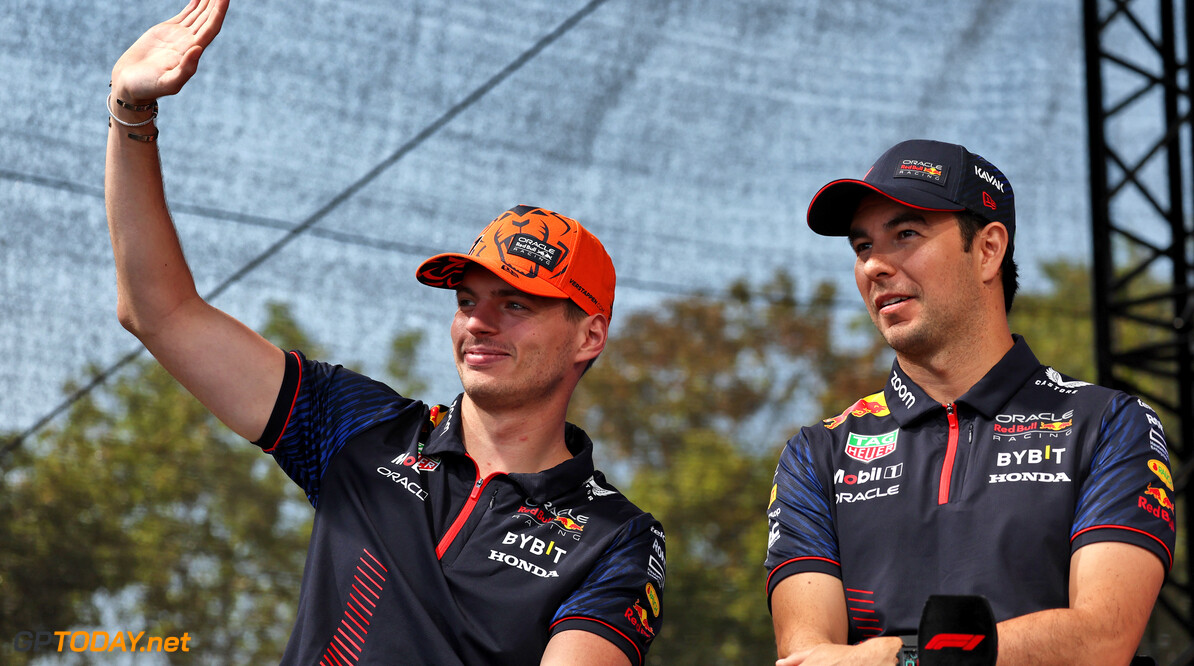 Formula One World Championship
(L to R): Max Verstappen (NLD) Red Bull Racing and Sergio Perez (MEX) Red Bull Racing on the FanZone Stage.

22.07.2023. Formula 1 World Championship, Rd 12, Hungarian Grand Prix, Budapest, Hungary, Qualifying Day.

- www.xpbimages.com, EMail: requests@xpbimages.com (C) Copyright: Moy / XPB Images
Motor Racing - Formula One World Championship - Hungarian Grand Prix - Qualifying Day - Budapest, Hungary
XPB Images
Budapest
Hungary

Formel1 Formel F1 Formula 1 Formula1 GP Grand Prix one Circuit H