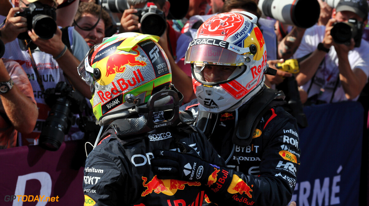 Formula One World Championship
Race winner Max Verstappen (NLD) Red Bull Racing celebrates in parc ferme (Right) with third placed team mate Sergio Perez (MEX) Red Bull Racing.

23.07.2023. Formula 1 World Championship, Rd 12, Hungarian Grand Prix, Budapest, Hungary, Race Day.

- www.xpbimages.com, EMail: requests@xpbimages.com (C) Copyright: Moy / XPB Images
Motor Racing - Formula One World Championship - Hungarian Grand Prix - Race Day - Budapest, Hungary
XPB Images
Budapest
Hungary

Formel1 Formel F1 Formula 1 Formula1 GP Grand Prix one Circuit H