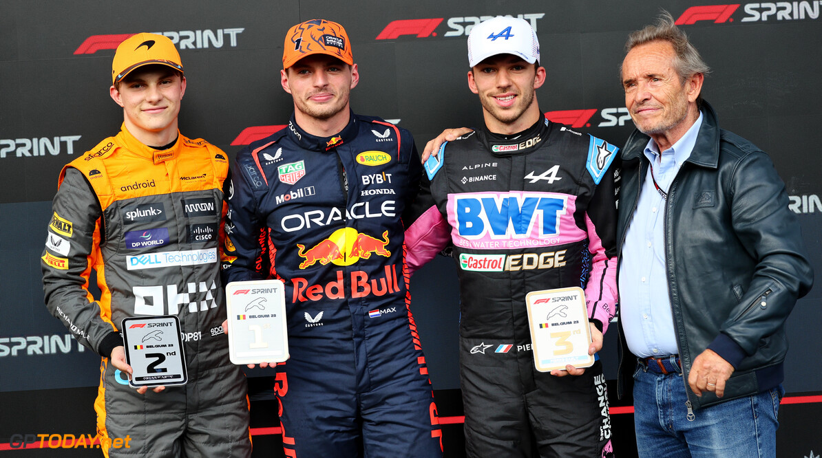 Formula One World Championship
Top three in Sprint parc ferme (L to R): Oscar Piastri (AUS) McLaren, second; Max Verstappen (NLD) Red Bull Racing, winner; Pierre Gasly (FRA) Alpine F1 Team, third; Jacky Ickx (BEL).

29.07.2023. Formula 1 World Championship, Rd 13, Belgian Grand Prix, Spa Francorchamps, Belgium, Sprint Day.

- www.xpbimages.com, EMail: requests@xpbimages.com (C) Copyright: Moy / XPB Images
Motor Racing - Formula One World Championship - Belgian Grand Prix - Sprint Day - Spa Francorchamps, Belgium
XPB Images
Spa Francorchamps
Belgium

Formel1 Formel F1 Formula 1 Formula1 GP Grand Prix one Circuit d