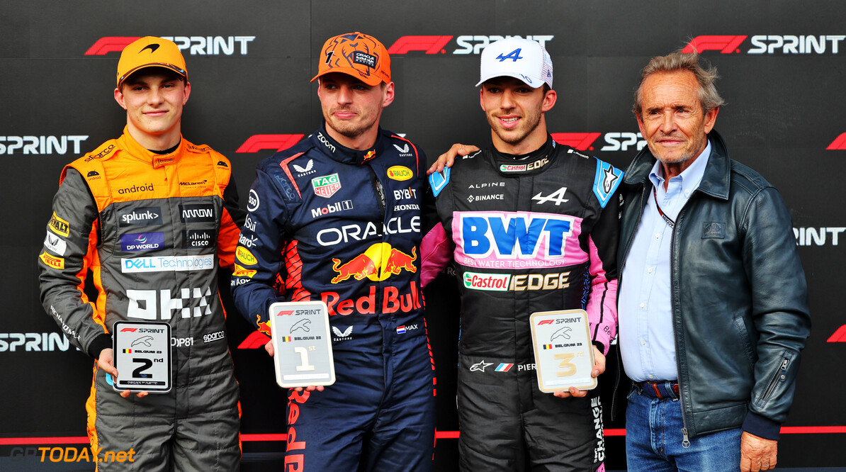 Formula One World Championship
Top three in Sprint parc ferme (L to R): Oscar Piastri (AUS) McLaren, second; Max Verstappen (NLD) Red Bull Racing, winner; Pierre Gasly (FRA) Alpine F1 Team, third; Jacky Ickx (BEL).

29.07.2023. Formula 1 World Championship, Rd 13, Belgian Grand Prix, Spa Francorchamps, Belgium, Sprint Day.

- www.xpbimages.com, EMail: requests@xpbimages.com (C) Copyright: Batchelor / XPB Images
Motor Racing - Formula One World Championship - Belgian Grand Prix - Sprint Day - Spa Francorchamps, Belgium
XPB Images
Spa Francorchamps
Belgium

Formel1 Formel F1 Formula 1 Formula1 GP Grand Prix one Circuit d