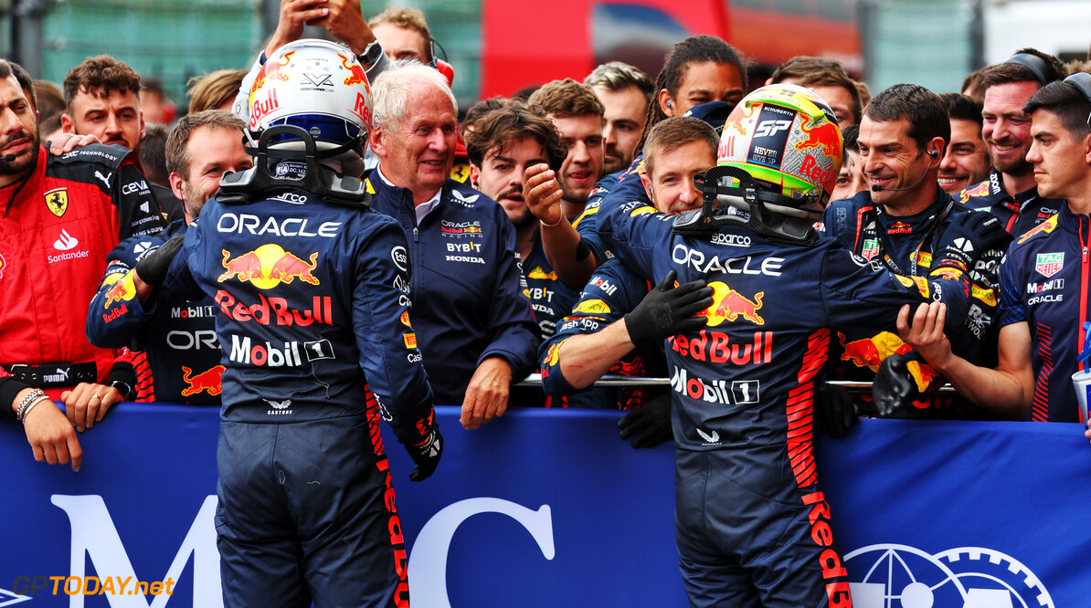 Formula One World Championship
(L to R): Race winner Max Verstappen (NLD) Red Bull Racing celebrates with the team with second placed team mate Sergio Perez (MEX) Red Bull Racing in parc ferme.

30.07.2023. Formula 1 World Championship, Rd 13, Belgian Grand Prix, Spa Francorchamps, Belgium, Race Day.

- www.xpbimages.com, EMail: requests@xpbimages.com (C) Copyright: Batchelor / XPB Images
Motor Racing - Formula One World Championship - Belgian Grand Prix - Race Day - Spa Francorchamps, Belgium
XPB Images
Spa Francorchamps
Belgium

Formel1 Formel F1 Formula 1 Formula1 GP Grand Prix one Circuit d