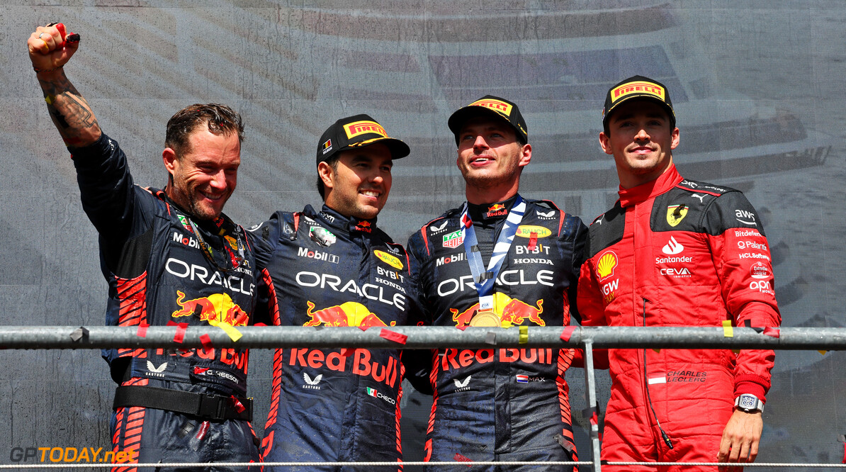 Formula One World Championship
The podium (L to R): Greg Reeson (GBR) Red Bull Racing Tyre Technician; Sergio Perez (MEX) Red Bull Racing, second; Max Verstappen (NLD) Red Bull Racing, race winner; Charles Leclerc (MON) Ferrari, third.

30.07.2023. Formula 1 World Championship, Rd 13, Belgian Grand Prix, Spa Francorchamps, Belgium, Race Day.

- www.xpbimages.com, EMail: requests@xpbimages.com (C) Copyright: Batchelor / XPB Images
Motor Racing - Formula One World Championship - Belgian Grand Prix - Race Day - Spa Francorchamps, Belgium
XPB Images
Spa Francorchamps
Belgium

Formel1 Formel F1 Formula 1 Formula1 GP Grand Prix one Circuit d