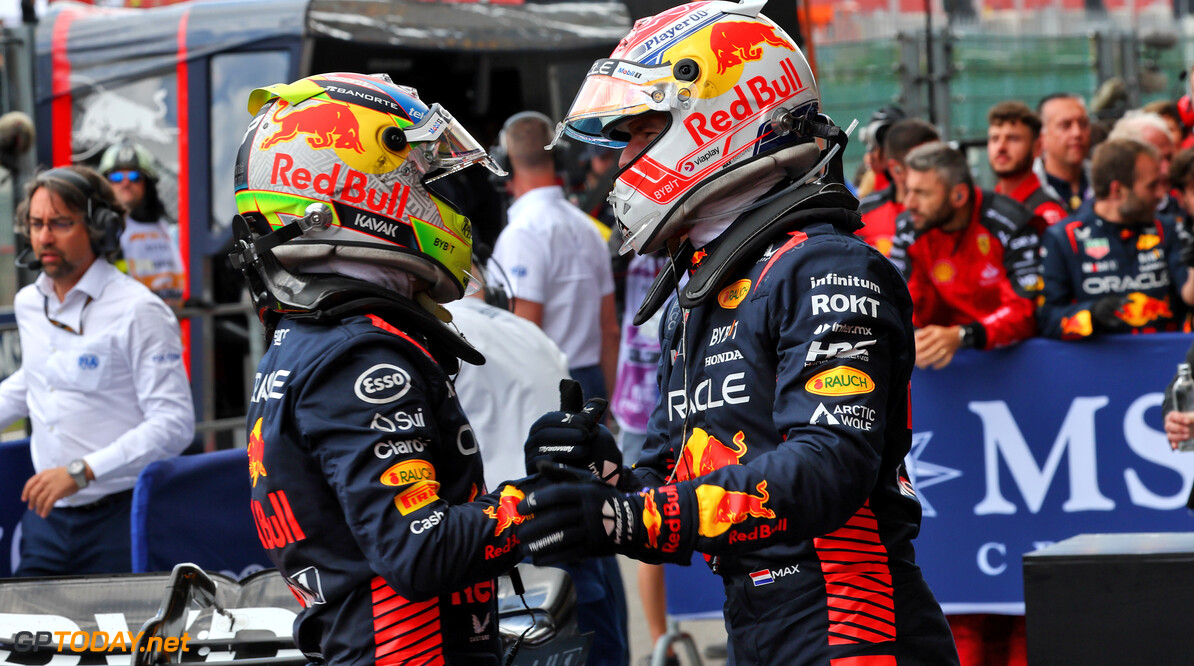 Formula One World Championship
(L to R): Sergio Perez (MEX) Red Bull Racing celebrates his second position with race winner Max Verstappen (NLD) Red Bull Racing in parc ferme.

30.07.2023. Formula 1 World Championship, Rd 13, Belgian Grand Prix, Spa Francorchamps, Belgium, Race Day.

- www.xpbimages.com, EMail: requests@xpbimages.com (C) Copyright: Batchelor / XPB Images
Motor Racing - Formula One World Championship - Belgian Grand Prix - Race Day - Spa Francorchamps, Belgium
XPB Images
Spa Francorchamps
Belgium

Formel1 Formel F1 Formula 1 Formula1 GP Grand Prix one Circuit d