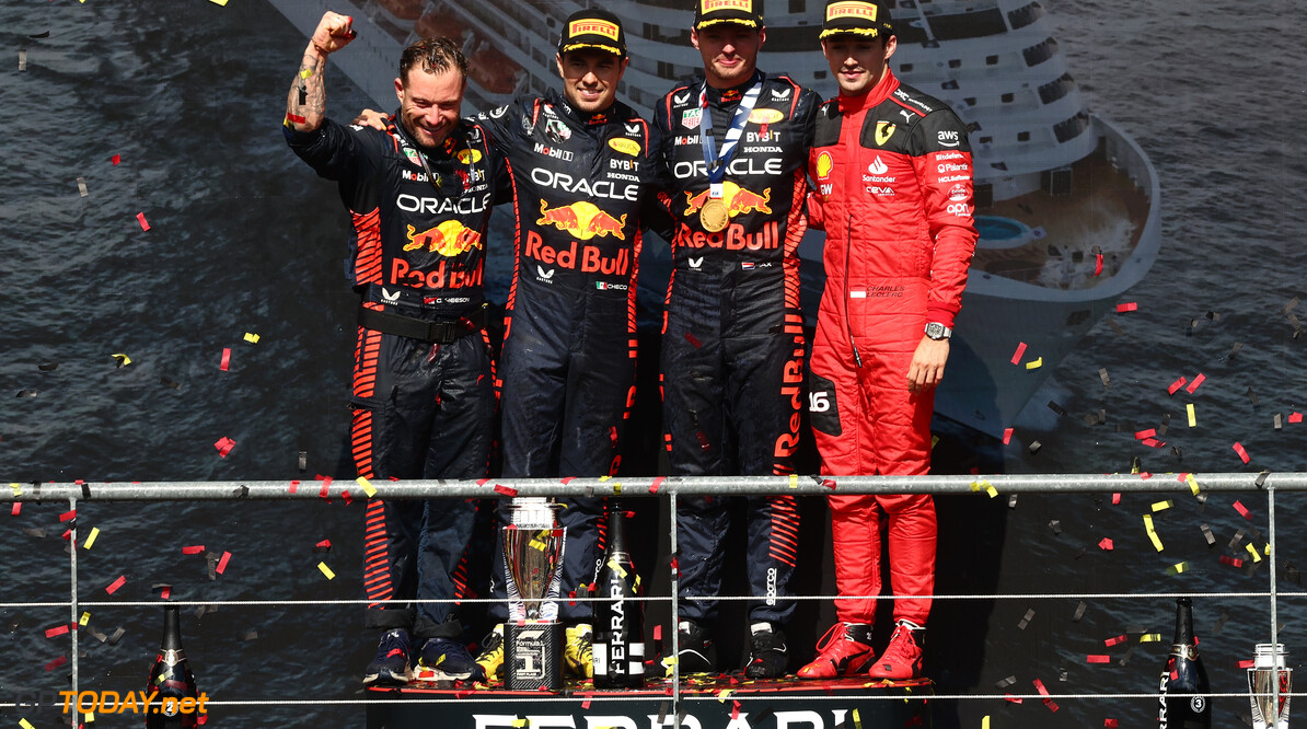 Formula One World Championship
The podium (L to R): Greg Reeson (GBR) Red Bull Racing Tyre Technician; Sergio Perez (MEX) Red Bull Racing, second; Max Verstappen (NLD) Red Bull Racing, race winner; Charles Leclerc (MON) Ferrari, third.

30.07.2023. Formula 1 World Championship, Rd 13, Belgian Grand Prix, Spa Francorchamps, Belgium, Race Day.

 - www.xpbimages.com, EMail: requests@xpbimages.com (C) Copyright: Coates / XPB Images
Motor Racing - Formula One World Championship - Belgian Grand Prix - Race Day - Spa Francorchamps, Belgium
XPB Images
Spa Francorchamps
Belgium

Formel1 Formel F1 Formula 1 Formula1 GP Grand Prix one Circuit d