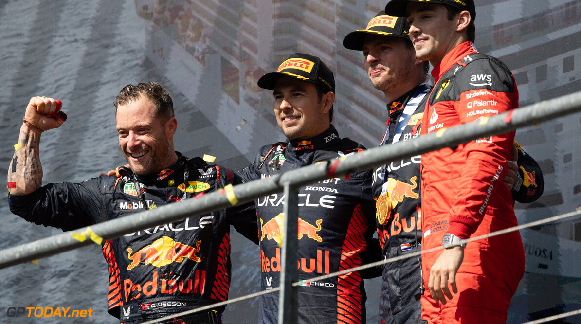 Formula One World Championship
The podium (L to R): Greg Reeson (GBR) Red Bull Racing Tyre Technician; Sergio Perez (MEX) Red Bull Racing, second; Max Verstappen (NLD) Red Bull Racing, race winner; Charles Leclerc (MON) Ferrari, third.

30.07.2023. Formula 1 World Championship, Rd 13, Belgian Grand Prix, Spa Francorchamps, Belgium, Race Day.

 - www.xpbimages.com, EMail: requests@xpbimages.com (C) Copyright: Rew / XPB Images
Motor Racing - Formula One World Championship - Belgian Grand Prix - Race Day - Spa Francorchamps, Belgium
XPB Images
Spa Francorchamps
Belgium

Formel1 Formel F1 Formula 1 Formula1 GP Grand Prix one Circuit d