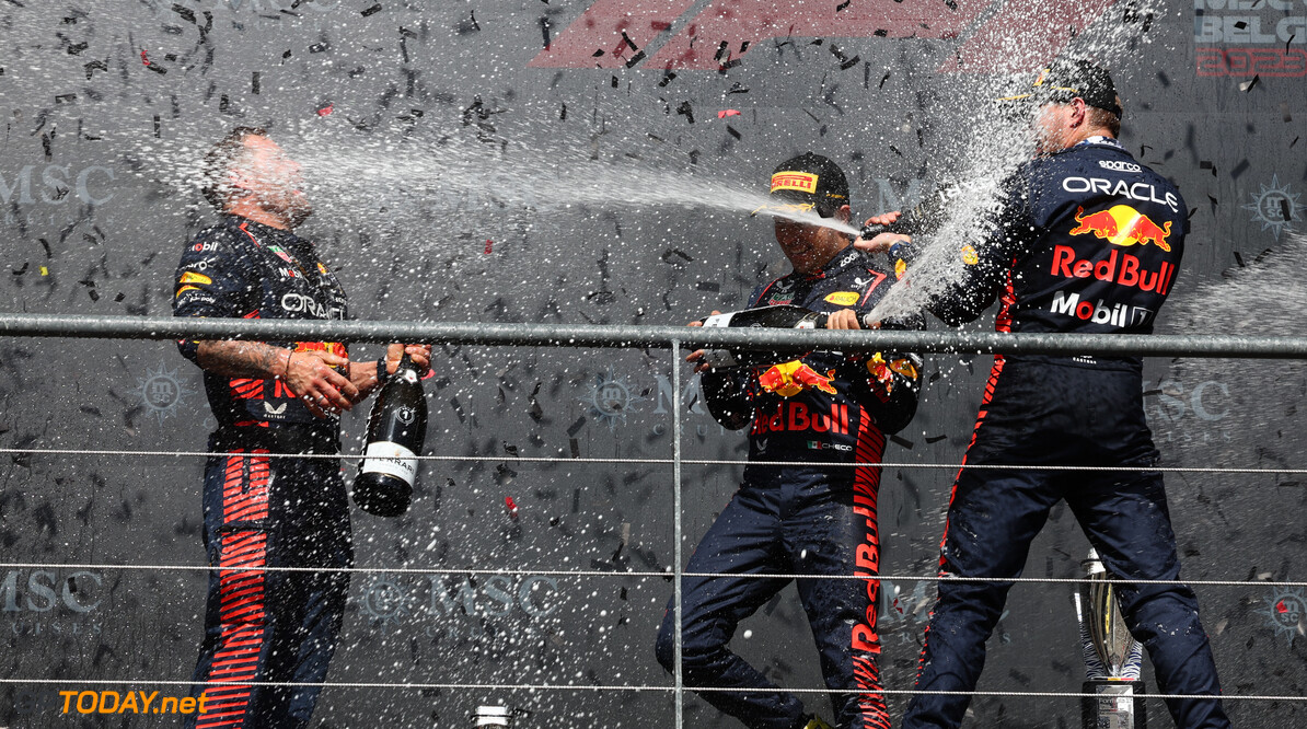 Formula One World Championship
The podium (L to R): Greg Reeson (GBR) Red Bull Racing Tyre Technician; Sergio Perez (MEX) Red Bull Racing, second; Max Verstappen (NLD) Red Bull Racing, race winner.
30.07.2023. Formula 1 World Championship, Rd 13, Belgian Grand Prix, Spa Francorchamps, Belgium, Race Day. - www.xpbimages.com, EMail: requests@xpbimages.com (C) Copyright: Batchelor / XPB Images
Motor Racing - Formula One World Championship - Belgian Grand Prix - Race Day - Spa Francorchamps, Belgium
XPB Images
Spa Francorchamps
Belgium

Formel1 Formel F1 Formula 1 Formula1 GP Grand Prix one Circuit d