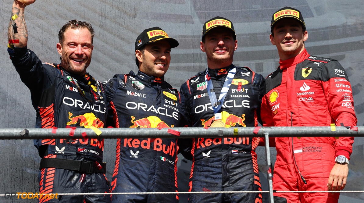 Formula One World Championship

The podium (L to R): Greg Reeson (GBR) Red Bull Racing Tyre Technician; Sergio Perez (MEX) Red Bull Racing, second; Max Verstappen (NLD) Red Bull Racing, race winner; Charles Leclerc (MON) Ferrari, third. 30.07.2023. Formula 1 World Championship, Rd 13, Belgian Grand Prix, Spa Francorchamps, Belgium, Race Day. - www.xpbimages.com, EMail: requests@xpbimages.com (C) Copyright: Batchelor / XPB Images
Motor Racing - Formula One World Championship - Belgian Grand Prix - Race Day - Spa Francorchamps, Belgium
XPB Images
Spa Francorchamps
Belgium

Formel1 Formel F1 Formula 1 Formula1 GP Grand Prix one Circuit d