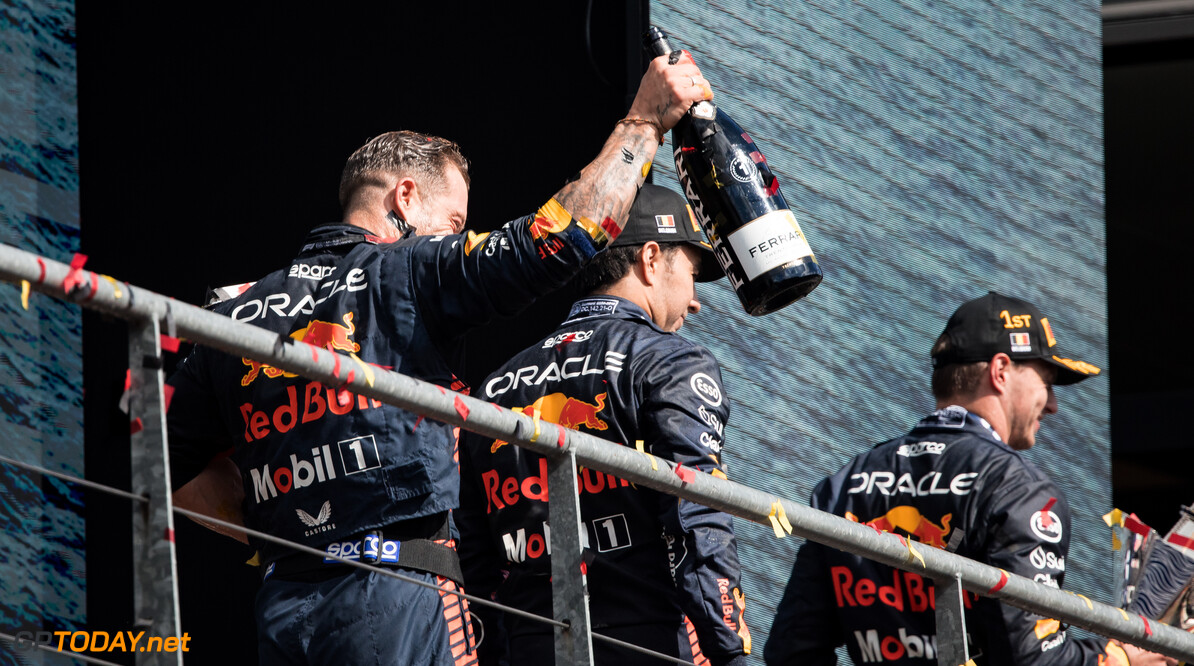 Formula One World Championship
Greg Reeson (GBR) Red Bull Racing Tyre Technician celebrates on the podium.

30.07.2023. Formula 1 World Championship, Rd 13, Belgian Grand Prix, Spa Francorchamps, Belgium, Race Day.

- www.xpbimages.com, EMail: requests@xpbimages.com (C) Copyright: Bearne / XPB Images
Motor Racing - Formula One World Championship - Belgian Grand Prix - Race Day - Spa Francorchamps, Belgium
XPB Images
Spa Francorchamps
Belgium

Formel1 Formel F1 Formula 1 Formula1 GP Grand Prix one Circuit d