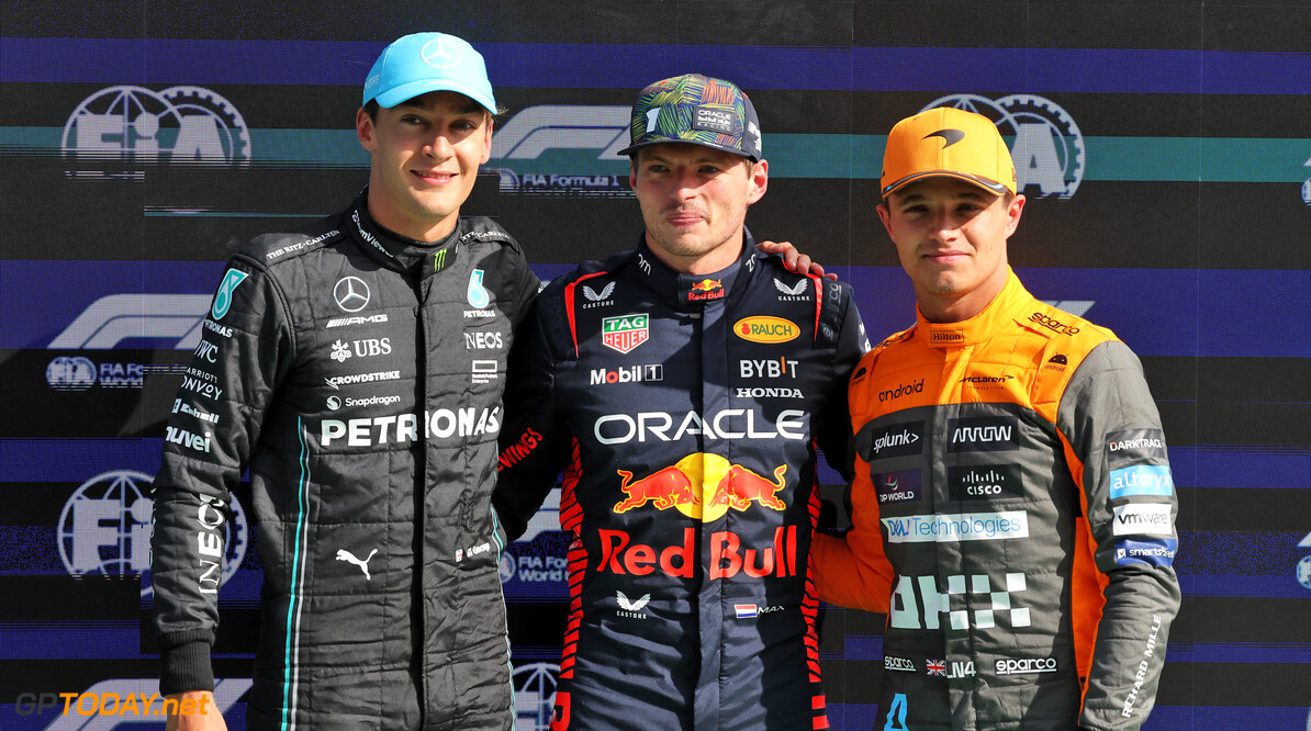 Formula One World Championship
Qualifying top three in parc ferme (L to R): George Russell (GBR) Mercedes AMG F1, third; Max Verstappen (NLD) Red Bull Racing, pole position; Lando Norris (GBR) McLaren, second.

26.08.2023. Formula 1 World Championship, Rd 14, Dutch Grand Prix, Zandvoort, Netherlands, Qualifying Day.

- www.xpbimages.com, EMail: requests@xpbimages.com (C) Copyright: Bearne / XPB Images
Motor Racing - Formula One World Championship - Dutch Grand Prix - Qualifying Day - Zandvoort, Netherlands
XPB Images
Zandvoort
Netherlands

Formel1 Formel F1 Formula 1 Formula1 GP Grand Prix one Circuit Z