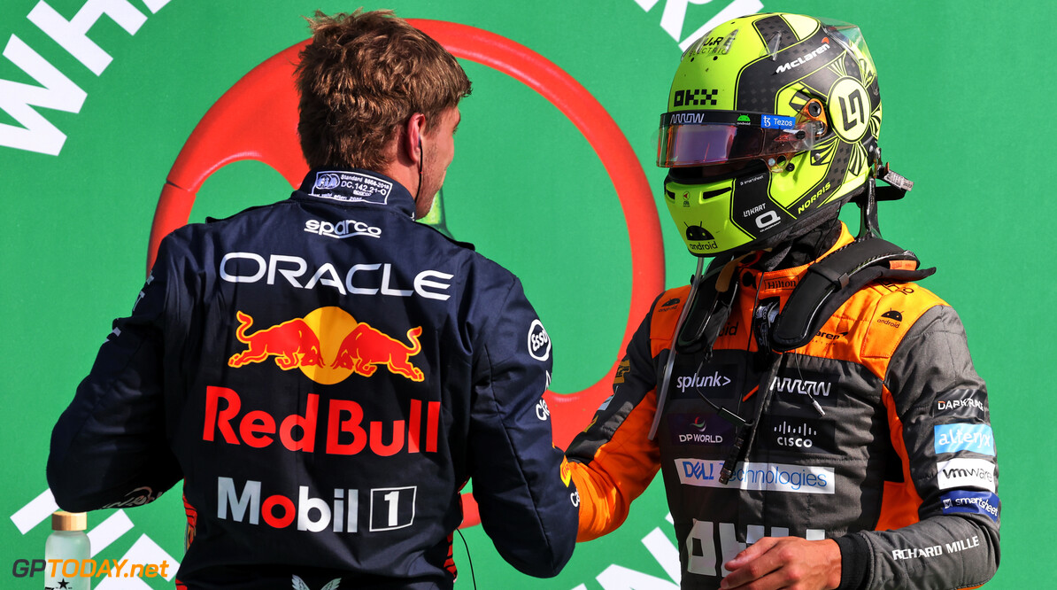Formula One World Championship
(L to R): Pole sitter Max Verstappen (NLD) Red Bull Racing in qualifying parc ferme with second placed Lando Norris (GBR) McLaren.

26.08.2023. Formula 1 World Championship, Rd 14, Dutch Grand Prix, Zandvoort, Netherlands, Qualifying Day.

- www.xpbimages.com, EMail: requests@xpbimages.com (C) Copyright: Bearne / XPB Images
Motor Racing - Formula One World Championship - Dutch Grand Prix - Qualifying Day - Zandvoort, Netherlands
XPB Images
Zandvoort
Netherlands

Formel1 Formel F1 Formula 1 Formula1 GP Grand Prix one Circuit Z