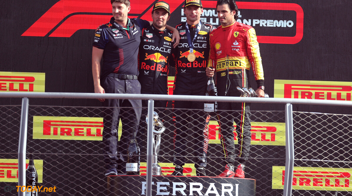 Formula One World Championship
The podium (L to R): Jamie Ptaszynski, Red Bull Racing Legal Counsel; Sergio Perez (MEX) Red Bull Racing, second; Max Verstappen (NLD) Red Bull Racing, race winner; Carlos Sainz Jr (ESP) Ferrari, third.

03.09.2023. Formula 1 World Championship, Rd 15, Italian Grand Prix, Monza, Italy, Race Day.

 - www.xpbimages.com, EMail: requests@xpbimages.com (C) Copyright: Staley / XPB Images
Motor Racing - Formula One World Championship - Italian Grand Prix - Race Day - Monza, Italy
XPB Images
Monza
Italy

Formel1 Formel F1 Formula 1 Formula1 GP Grand Prix Italy Italian