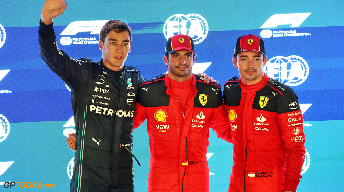 Formula One World Championship
Qualifying top three in parc ferme (L to R): George Russell (GBR) Mercedes AMG F1, second; Carlos Sainz Jr (ESP) Ferrari, pole position; Charles Leclerc (MON) Ferrari, third.

16.09.2023. Formula 1 World Championship, Rd 16, Singapore Grand Prix, Marina Bay Street Circuit, Singapore, Qualifying Day.

- www.xpbimages.com, EMail: requests@xpbimages.com (C) Copyright: Batchelor / XPB Images
Motor Racing - Formula One World Championship - Singapore Grand Prix - Qualifying Day - Singapore, Singapore
XPB Images
Singapore
Singapore

Formel1 Formel F1 Formula 1 Formula1 GP Grand Prix one Marina Ba