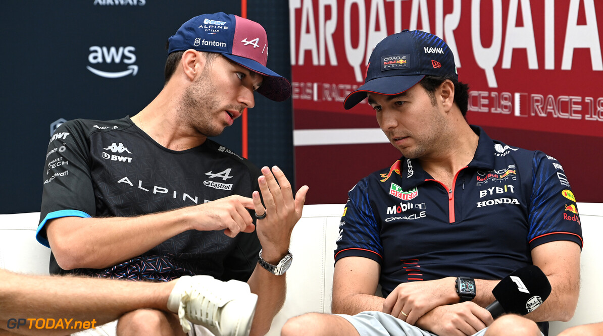 Formula One World Championship
(L to R): Pierre Gasly (FRA) Alpine F1 Team and Sergio Perez (MEX) Red Bull Racing in the FIA Press Conference.

05.10.2023. Formula 1 World Championship, Rd 18, Qatar Grand Prix, Doha, Qatar, Preparation Day.

- www.xpbimages.com, EMail: requests@xpbimages.com (C) Copyright: XPB Images
Motor Racing - Formula One World Championship - Qatar Grand Prix - Preparation Day - Doha, Qatar
XPB Images
Doha
Qatar

Formel1 Formel F1 Formula 1 Formula1 GP Grand Prix one Losail In