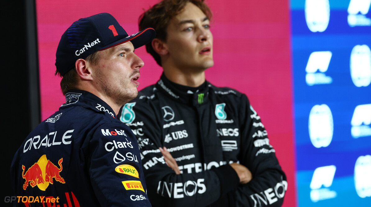 Formula One World Championship
(L to R): Pole sitter Max Verstappen (NLD) Red Bull Racing with George Russell (GBR) Mercedes AMG F1 in qualifying parc ferme.

06.10.2023 Formula 1 World Championship, Rd 18, Qatar Grand Prix, Doha, Qatar, Qualifying Day.

 - www.xpbimages.com, EMail: requests@xpbimages.com (C) Copyright: Coates / XPB Images
Motor Racing - Formula One World Championship - Qatar Grand Prix - Qualifying Day - Doha, Qatar
XPB Images
Doha
Qatar

Formel1 Formel F1 Formula 1 Formula1 GP Grand Prix one Losail In
