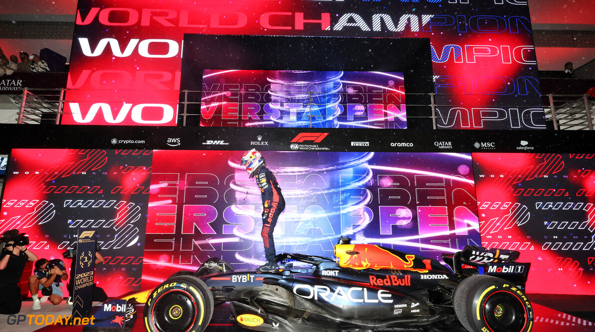 Formula One World Championship
Max Verstappen (NLD) Red Bull Racing RB19 celebrates winning his third World Championship in Sprint parc ferme.

07.10.2023. Formula 1 World Championship, Rd 18, Qatar Grand Prix, Doha, Qatar, Sprint Day.

- www.xpbimages.com, EMail: requests@xpbimages.com (C) Copyright: Moy / XPB Images
Motor Racing - Formula One World Championship - Qatar Grand Prix - Sprint Day - Doha, Qatar
XPB Images
Doha
Qatar

Formel1 Formel F1 Formula 1 Formula1 GP Grand Prix one Losail In