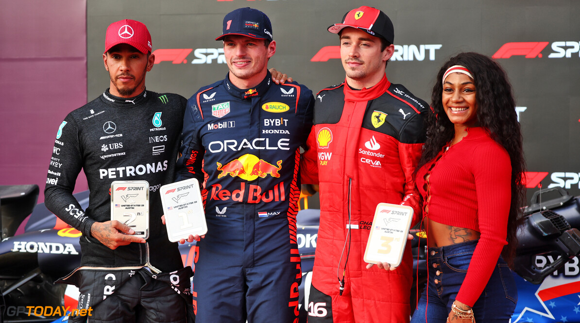 Formula One World Championship
Sprint top three in parc ferme (L to R): Lewis Hamilton (GBR) Mercedes AMG F1, second; Max Verstappen (NLD) Red Bull Racing, winner; Charles Leclerc (MON) Ferrari, third; Sha'Carri Richardson (USA) Athlete.

21.10.2023. Formula 1 World Championship, Rd 19, United States Grand Prix, Austin, Texas, USA, Sprint Day.

- www.xpbimages.com, EMail: requests@xpbimages.com (C) Copyright: Batchelor / XPB Images
Motor Racing - Formula One World Championship - United States Grand Prix - Sprint Day - Austin, USA
XPB Images
Austin
USA

Formel1 Formel F1 Formula 1 Formula1 GP Grand Prix one Circuit o