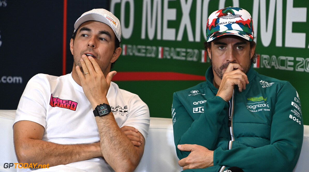 Formula One World Championship
(L to R): Sergio Perez (MEX) Red Bull Racing and Fernando Alonso (ESP) Aston Martin F1 Team in the FIA Press Conference.

26.10.2023. Formula 1 World Championship, Rd 20, Mexican Grand Prix, Mexico City, Mexico, Preparation Day.

- www.xpbimages.com, EMail: requests@xpbimages.com (C) Copyright: XPB Images
Motor Racing - Formula One World Championship - Mexican Grand Prix - Preparation Day - Mexico City, Mexico
XPB Images
Mexico City
Mexico

Formel1 Formel F1 Formula 1 Formula1 GP Grand Prix Thursday Octo