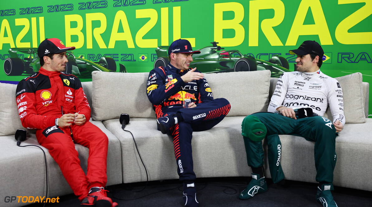 Formula One World Championship
(L to R): Charles Leclerc (MON) Ferrari; Max Verstappen (NLD) Red Bull Racing; and Lance Stroll (CDN) Aston Martin F1 Team, in the post qualifying FIA Press Conference.

03.11.2023. Formula 1 World Championship, Rd 21, Brazilian Grand Prix, Sao Paulo, Brazil, Qualifying Day.

- www.xpbimages.com, EMail: requests@xpbimages.com (C) Copyright: Batchelor / XPB Images
Motor Racing - Formula One World Championship - Brazilian Grand Prix - Qualifying Day - Sao Paulo, Brazil
XPB Images
Sao Paulo
Brazil

Formel1 Formel F1 Formula 1 Formula1 GP Grand Prix one November
