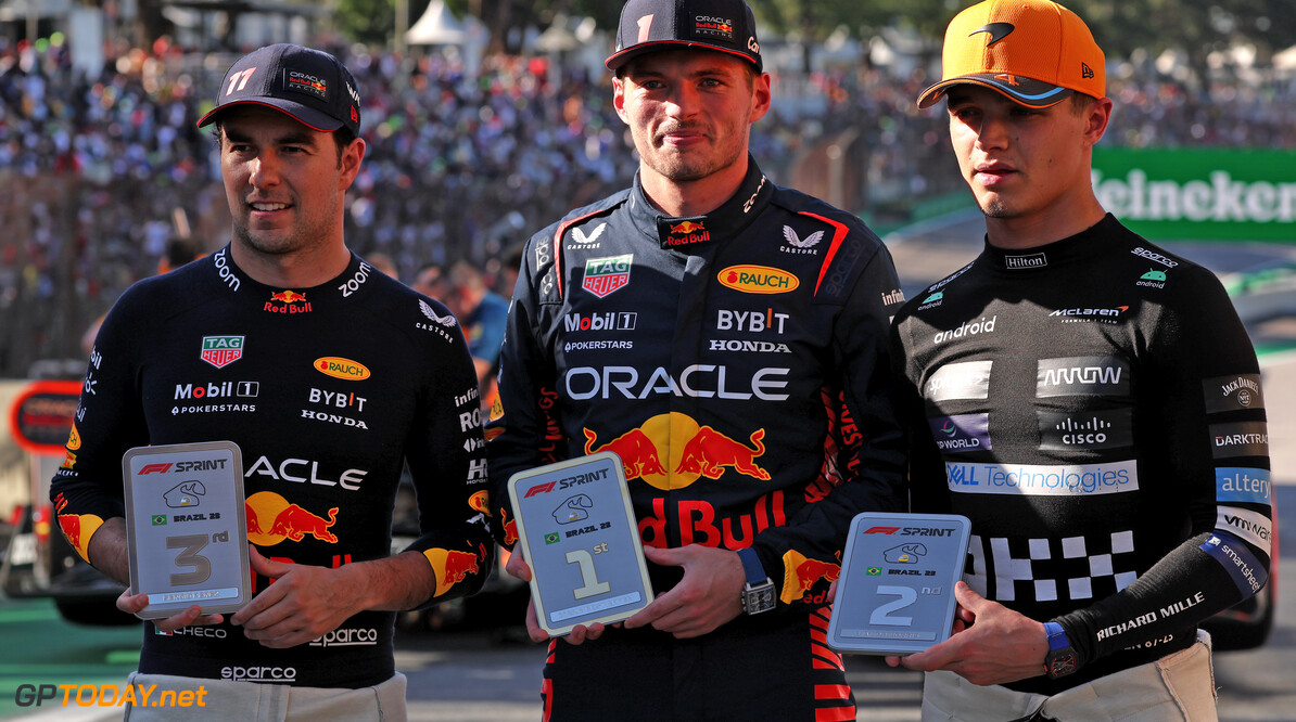 Formula One World Championship
Top three in Sprint parc ferme (L to R): Sergio Perez (MEX) Red Bull Racing, third; Max Verstappen (NLD) Red Bull Racing, winner; Lando Norris (GBR) McLaren, second.

04.11.2023. Formula 1 World Championship, Rd 21, Brazilian Grand Prix, Sao Paulo, Brazil, Sprint Day.

- www.xpbimages.com, EMail: requests@xpbimages.com (C) Copyright: Staley / XPB Images
Motor Racing - Formula One World Championship - Brazilian Grand Prix - Sprint Day - Sao Paulo, Brazil
XPB Images
Sao Paulo
Brazil

Formel1 Formel F1 Formula 1 Formula1 GP Grand Prix one November