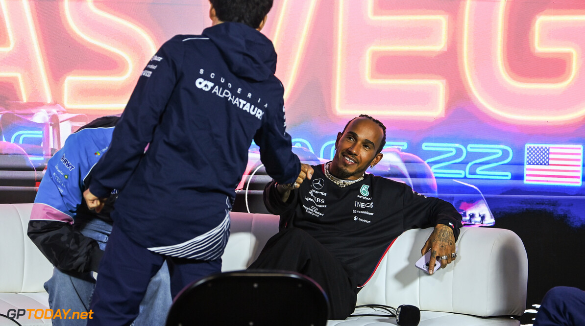 Formula One World Championship
(L to R): Yuki Tsunoda (JPN) AlphaTauri and Lewis Hamilton (GBR) Mercedes AMG F1 in the FIA Press Conference.

15.11.2023. Formula 1 World Championship, Rd 22, Las Vegas Grand Prix, Las Vegas, Nevada, USA, Preparation Day.

- www.xpbimages.com, EMail: requests@xpbimages.com (C) Copyright: XPB Images
Motor Racing - Formula One World Championship - Las Vegas Grand Prix - Preparation Day - Las Vegas, Nevada, USA
XPB Images
Las Vegas
USA

Formel1 Formel F1 Formula 1 Formula1 GP Grand Prix one Las Vegas