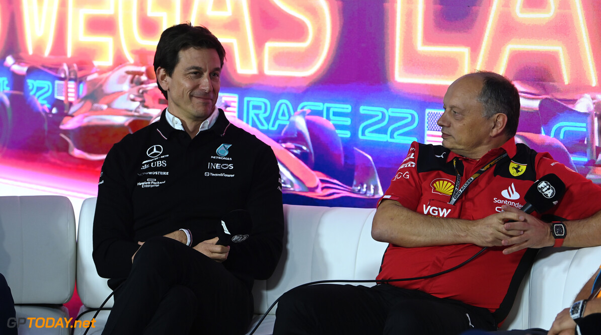 Formula One World Championship
(L to R): Toto Wolff (GER) Mercedes AMG F1 Shareholder and Executive Director and Frederic Vasseur (FRA) Ferrari Team Principal in the FIA Press Conference.

16.11.2023. Formula 1 World Championship, Rd 22, Las Vegas Grand Prix, Las Vegas, Nevada, USA, Practice Day.

- www.xpbimages.com, EMail: requests@xpbimages.com (C) Copyright: XPB Images
Motor Racing - Formula One World Championship - Las Vegas Grand Prix - Practice Day - Las Vegas, Nevada, USA
XPB Images
Las Vegas
USA

Formel1 Formel F1 Formula 1 Formula1 GP Grand Prix one Las Vegas