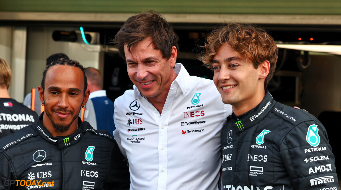 Formula One World Championship
(L to R): Lewis Hamilton (GBR) Mercedes AMG F1 with Toto Wolff (GER) Mercedes AMG F1 Shareholder and Executive Director and George Russell (GBR) Mercedes AMG F1.

23.11.2023. Formula 1 World Championship, Rd 23, Abu Dhabi Grand Prix, Yas Marina Circuit, Abu Dhabi, Preparation Day.

 - www.xpbimages.com, EMail: requests@xpbimages.com (C) Copyright: Coates / XPB Images
Motor Racing - Formula One World Championship - Abu Dhabi Grand Prix - Preparation Day - Abu Dhabi, UAE
XPB Images
Abu Dhabi
Abu Dhabi

Formel1 Formel F1 Formula 1 Formula1 GP Grand Prix one Thursday