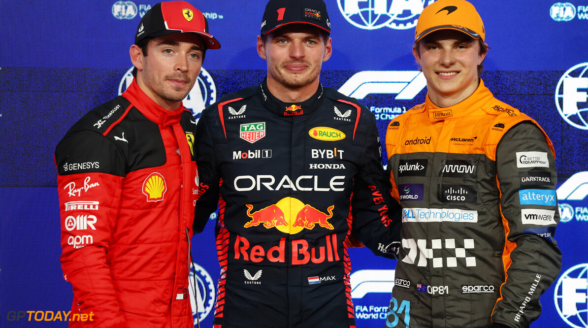 Formula One World Championship
Qualifying top three in parc ferme (L to R): Charles Leclerc (MON) Ferrari, second; Max Verstappen (NLD) Red Bull Racing, pole position; Oscar Piastri (AUS) McLaren, third.

25.11.2023. Formula 1 World Championship, Rd 23, Abu Dhabi Grand Prix, Yas Marina Circuit, Abu Dhabi, Qualifying Day.

- www.xpbimages.com, EMail: requests@xpbimages.com (C) Copyright: Batchelor / XPB Images
Motor Racing - Formula One World Championship - Abu Dhabi Grand Prix - Qualifying Day - Abu Dhabi, UAE
XPB Images
Abu Dhabi
Abu Dhabi

Formel1 Formel F1 Formula 1 Formula1 GP Grand Prix one November