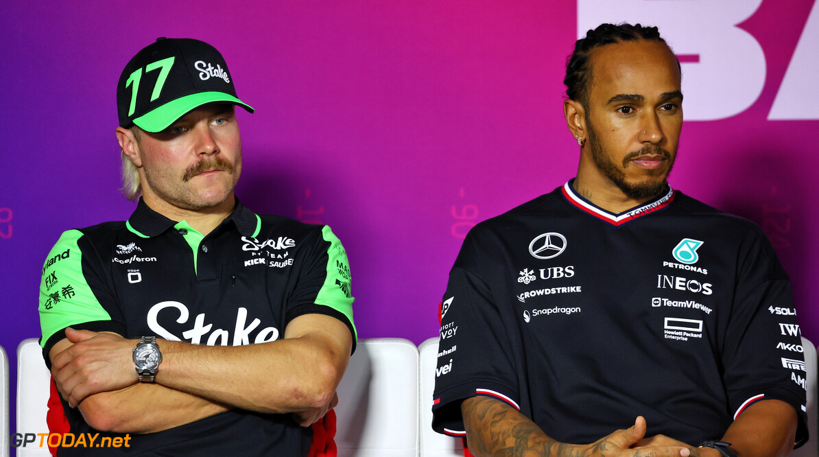 Formula One World Championship
(L to R): Valtteri Bottas (FIN) Sauber and Lewis Hamilton (GBR) Mercedes AMG F1 in the FIA Press Conference.

23.02.2024. Formula 1 Testing, Sakhir, Bahrain, Day Three.

- www.xpbimages.com, EMail: requests@xpbimages.com (C) Copyright: Charniaux / XPB Images
Motor Racing - Formula One Testing - Day Three - Sakhir, Bahrain
xpbimages.com
Sakhir
Bahrain

Formel1 Formel F1 Formula 1 Formula1 Test Testing one Bahrain In