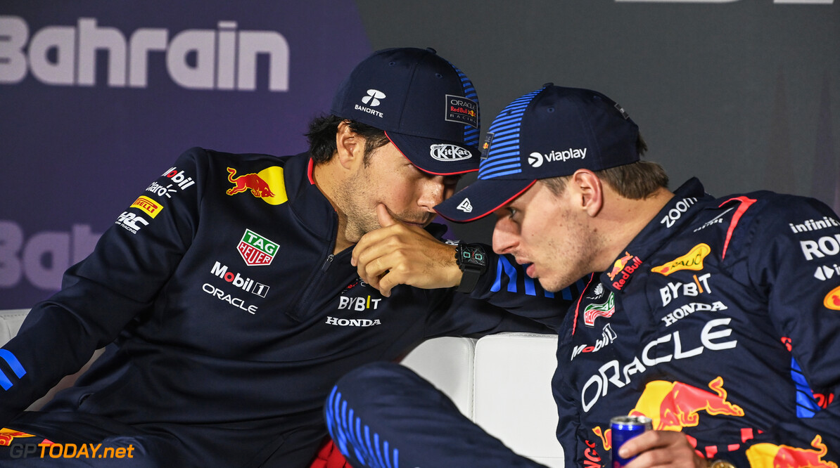 Formula One World Championship
(L to R): Sergio Perez (MEX) Red Bull Racing and Max Verstappen (NLD) Red Bull Racing in the post race FIA Press Conference.

02.03.2024. Formula 1 World Championship, Rd 1, Bahrain Grand Prix, Sakhir, Bahrain, Race Day.

- www.xpbimages.com, EMail: requests@xpbimages.com (C) Copyright: XPB Images
Motor Racing - Formula One World Championship - Bahrain Grand Prix - Race Day - Sakhir, Bahrain
xpbimages.com
Sakhir
Bahrain

Formel1 Formel F1 Formula 1 Formula1 GP Grand Prix one Bahrain I