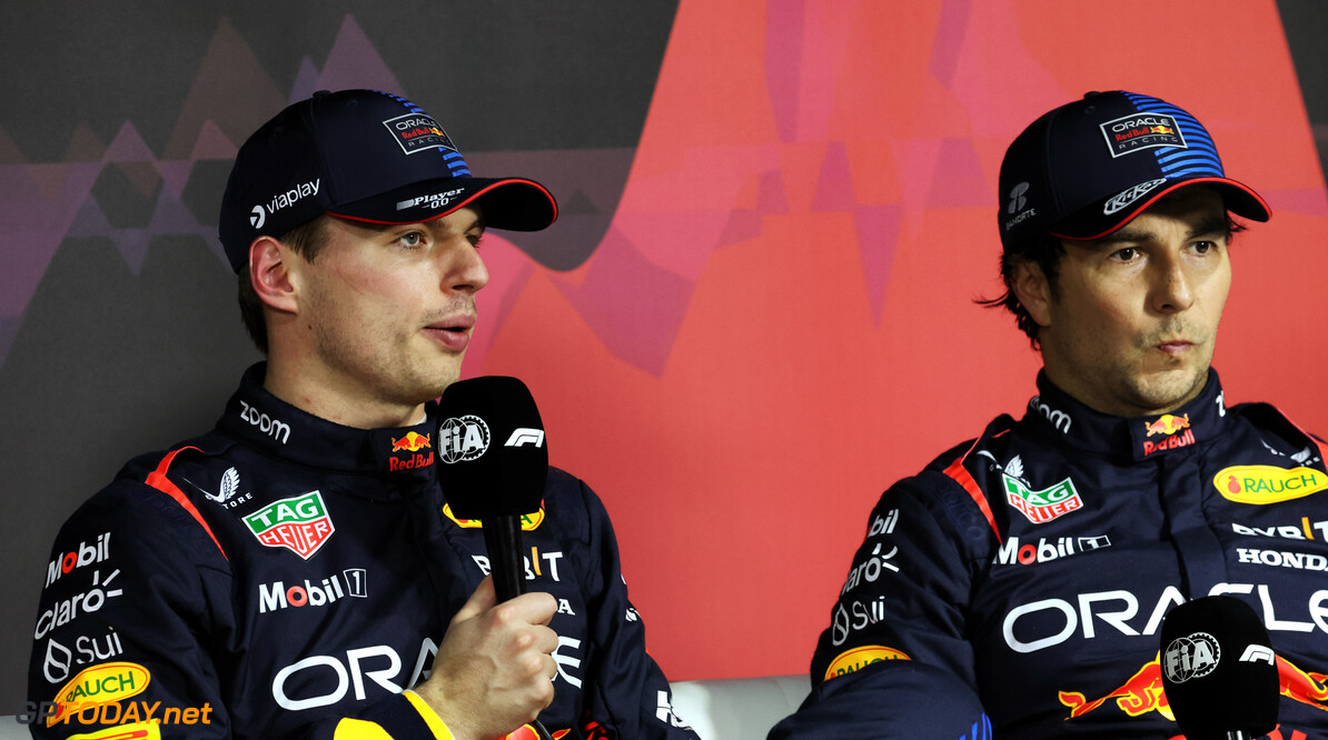 Formula One World Championship
(L to R): Max Verstappen (NLD) Red Bull Racing and team mate Sergio Perez (MEX) Red Bull Racing in the post qualifying FIA Press Conference.

08.03.2024. Formula 1 World Championship, Rd 2, Saudi Arabian Grand Prix, Jeddah, Saudi Arabia, Qualifying Day.

- www.xpbimages.com, EMail: requests@xpbimages.com (C) Copyright: Bearne / XPB Images
Motor Racing - Formula One World Championship - Saudi Arabian Grand Prix - Qualifying Day - Jeddah, Saudi Arabia
XPB Images
Jeddah
Saudi Arabia

Formel1 Formel F1 Formula 1 Formula1 GP Grand Prix one Jeddah Co