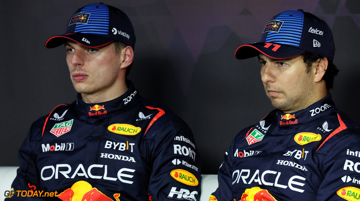 Formula One World Championship
(L to R): Max Verstappen (NLD) Red Bull Racing and team mate Sergio Perez (MEX) Red Bull Racing in the post qualifying FIA Press Conference.

08.03.2024. Formula 1 World Championship, Rd 2, Saudi Arabian Grand Prix, Jeddah, Saudi Arabia, Qualifying Day.

- www.xpbimages.com, EMail: requests@xpbimages.com (C) Copyright: Bearne / XPB Images
Motor Racing - Formula One World Championship - Saudi Arabian Grand Prix - Qualifying Day - Jeddah, Saudi Arabia
XPB Images
Jeddah
Saudi Arabia

Formel1 Formel F1 Formula 1 Formula1 GP Grand Prix one Jeddah Co