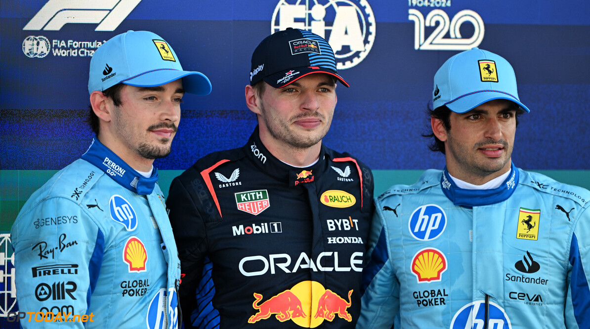 Formula One World Championship
Qualifying top three in parc ferme (L to R): Charles Leclerc (MON) Ferrari, second; Max Verstappen (NLD) Red Bull Racing, pole position; Carlos Sainz Jr (ESP) Ferrari, third.

04.05.2024. Formula 1 World Championship, Rd 6, Miami Grand Prix, Miami, Florida, USA, Sprint and Qualifying Day.

- www.xpbimages.com, EMail: requests@xpbimages.com (C) Copyright: Price / XPB Images
Motor Racing - Formula One World Championship - Miami Grand Prix - Sprint and Qualifying Day - Miami, USA
XPB Images
Miami
USA

Formel1 Formel F1 Formula 1 Formula1 GP Grand Prix one Miami Int