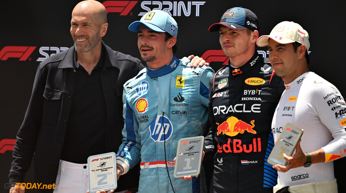 Formula One World Championship
(L to R): Zinedine Zidane (FRA) Football Manager and Alpine Ambassador; Charles Leclerc (MON) Ferrari, second; Max Verstappen (NLD) Red Bull Racing, winner; Sergio Perez (MEX) Red Bull Racing, third, in Sprint parc ferme.

04.05.2024. Formula 1 World Championship, Rd 6, Miami Grand Prix, Miami, Florida, USA, Sprint and Qualifying Day.

- www.xpbimages.com, EMail: requests@xpbimages.com (C) Copyright: Price / XPB Images
Motor Racing - Formula One World Championship - Miami Grand Prix - Sprint and Qualifying Day - Miami, USA
XPB Images
Miami
USA

Formel1 Formel F1 Formula 1 Formula1 GP Grand Prix one Miami Int