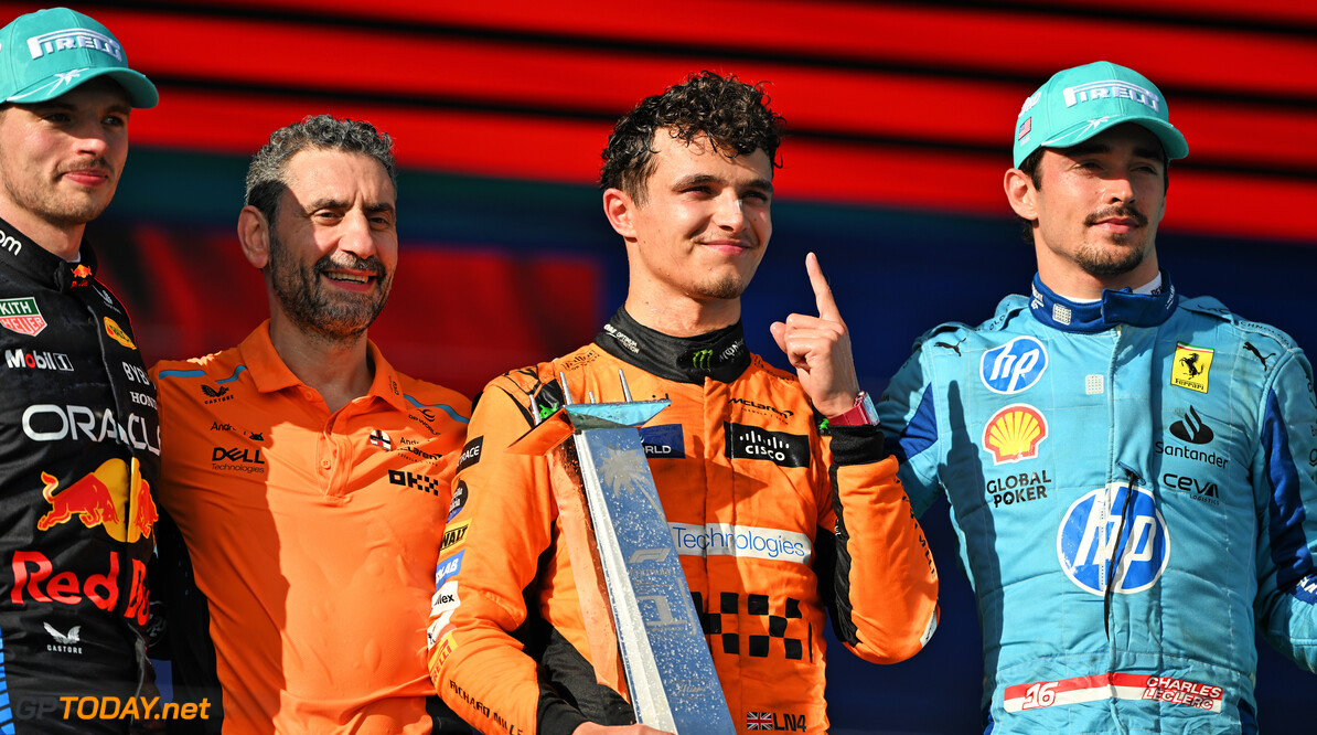 Formula One World Championship
The podium (L to R): Max Verstappen (NLD) Red Bull Racing, second; Andrea Stella (ITA) McLaren Team Principal; Lando Norris (GBR) McLaren, race winner; Charles Leclerc (MON) Ferrari, third.

05.05.2024. Formula 1 World Championship, Rd 6, Miami Grand Prix, Miami, Florida, USA, Race Day.

- www.xpbimages.com, EMail: requests@xpbimages.com (C) Copyright: Price / XPB Images
Motor Racing - Formula One World Championship - Miami Grand Prix - Race Day - Miami, USA
XPB Images
Miami
USA

Formel1 Formel F1 Formula 1 Formula1 GP Grand Prix one Miami Int