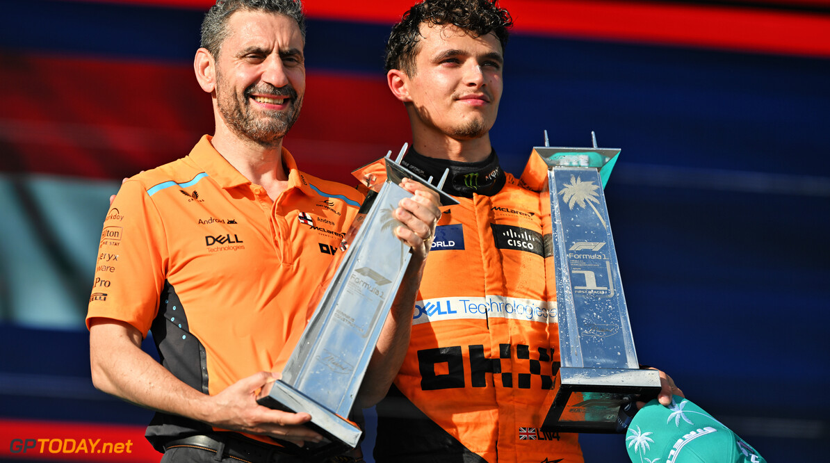 Formula One World Championship
(L to R): Andrea Stella (ITA) McLaren Team Principal and race winner Lando Norris (GBR) McLaren celebrate on the podium.

05.05.2024. Formula 1 World Championship, Rd 6, Miami Grand Prix, Miami, Florida, USA, Race Day.

- www.xpbimages.com, EMail: requests@xpbimages.com (C) Copyright: Price / XPB Images
Motor Racing - Formula One World Championship - Miami Grand Prix - Race Day - Miami, USA
XPB Images
Miami
USA

Formel1 Formel F1 Formula 1 Formula1 GP Grand Prix one Miami Int