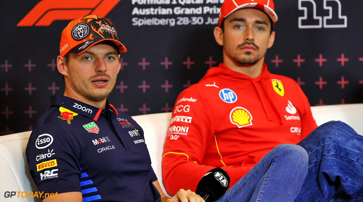 Formula One World Championship
(L to R): Max Verstappen (NLD) Red Bull Racing and Charles Leclerc (MON) Ferrari in the FIA Press Conference.

27.06.2024. Formula 1 World Championship, Rd 11, Austrian Grand Prix, Spielberg, Austria, Preparation Day.

- www.xpbimages.com, EMail: requests@xpbimages.com (C) Copyright: Batchelor / XPB Images
Motor Racing - Formula One World Championship - Austrian Grand Prix - Preparation Day - Spielberg, Austria
xpbimages.com
Spielberg
Austria

Formel1 Formel F1 Formula 1 Formula1 GP Grand Prix one Thursday