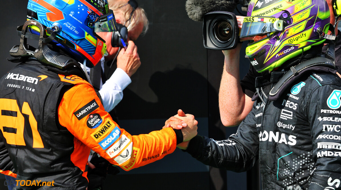 Formula One World Championship
(L to R): Race winner Oscar Piastri (AUS) McLaren celebrates with third placed Lewis Hamilton (GBR) Mercedes AMG F1 in parc ferme.

21.07.2024. Formula 1 World Championship, Rd 13, Hungarian Grand Prix, Budapest, Hungary, Race Day.

- www.xpbimages.com, EMail: requests@xpbimages.com (C) Copyright: Batchelor / XPB Images
Motor Racing - Formula One World Championship - Hungarian Grand Prix - Race Day - Budapest, Hungary
XPB Images
Budapest
Hungary

Formel1 Formel F1 Formula 1 Formula1 GP Grand Prix one Circuit H