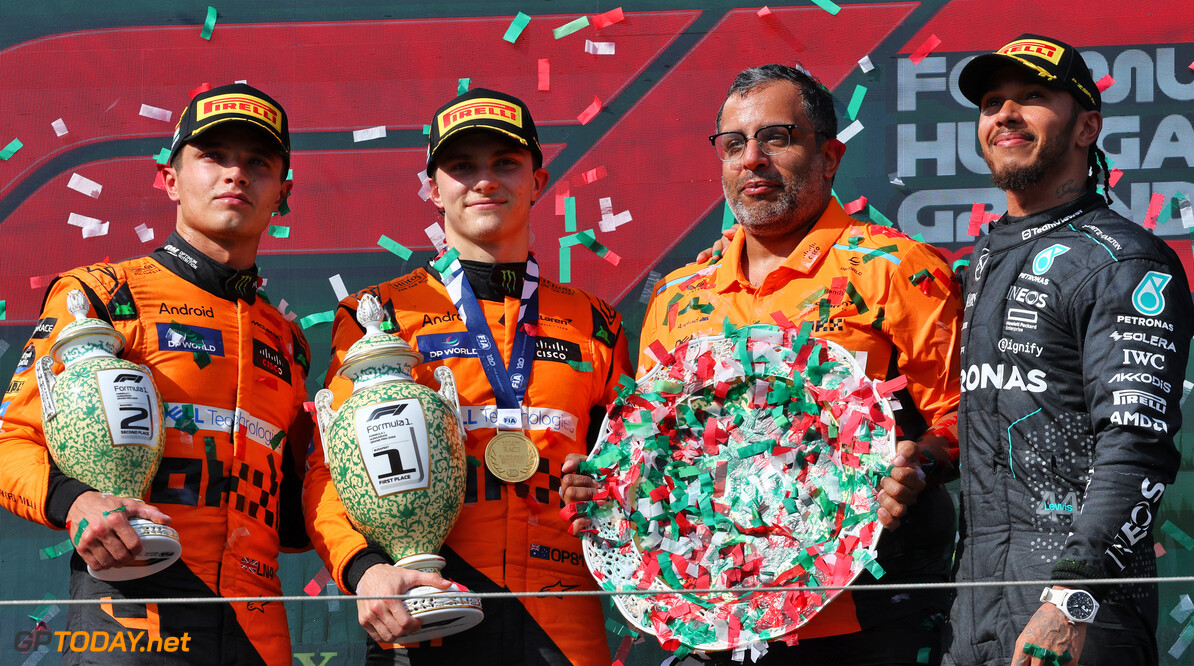 Formula One World Championship
The podium (L to R): Lando Norris (GBR) McLaren, second; Oscar Piastri (AUS) McLaren, race winner; Randy Singh (GBR) McLaren Strategy and Sporting Director; Lewis Hamilton (GBR) Mercedes AMG F1, third.

21.07.2024. Formula 1 World Championship, Rd 13, Hungarian Grand Prix, Budapest, Hungary, Race Day.

- www.xpbimages.com, EMail: requests@xpbimages.com (C) Copyright: Batchelor / XPB Images
Motor Racing - Formula One World Championship - Hungarian Grand Prix - Race Day - Budapest, Hungary
XPB Images
Budapest
Hungary

Formel1 Formel F1 Formula 1 Formula1 GP Grand Prix one Circuit H