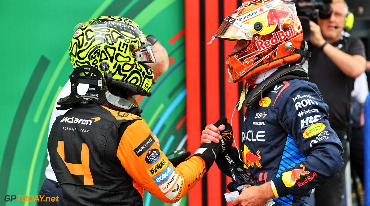 Formula One World Championship
(L to R): Lando Norris (GBR) McLaren celebrates his pole position in qualifying parc ferme with second placed Max Verstappen (NLD) Red Bull Racing.

24.08.2024. Formula 1 World Championship, Rd 15, Dutch Grand Prix, Zandvoort, Netherlands, Qualifying Day.

- www.xpbimages.com, EMail: requests@xpbimages.com (C) Copyright: Batchelor / XPB Images
Motor Racing - Formula One World Championship - Dutch Grand Prix - Qualifying Day - Zandvoort, Netherlands
XPB Images
Zandvoort
Netherlands

Formel1 Formel F1 Formula 1 Formula1 GP Grand Prix one Circuit Z