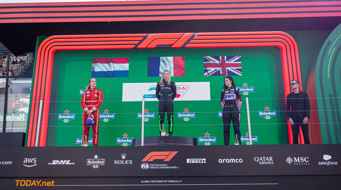 FIA Formula Academy
The podium (L to R): Maya Weug (NLD) Prema, second; Doriane Pin (FRA) Prema Racing, race winner; Abbi Pulling (GBR) Rodin Motorsport, third.

25.08.2024. FIA Formula Academy, Rd 4, Race 2, Zandvoort, Netherlands, Sunday.

- www.xpbimages.com, EMail: requests@xpbimages.com Copyright: XPB Images
Motor Racing - FIA Formula Academy - Sunday - Zandvoort, Netherlands
xpbimages.com
Zandvoort
Netherlands

August Sunday Circuit Zandvoort August The Netherlands Holland N