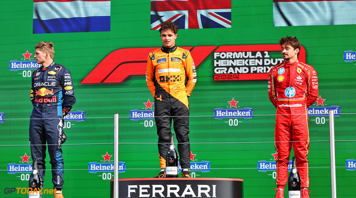 Formula One World Championship
The podium (L to R): Max Verstappen (NLD) Red Bull Racing, second; Lando Norris (GBR) McLaren, race winner; Charles Leclerc (MON) Ferrari, third.

25.08.2024. Formula 1 World Championship, Rd 15, Dutch Grand Prix, Zandvoort, Netherlands, Race Day.

- www.xpbimages.com, EMail: requests@xpbimages.com (C) Copyright: Batchelor / XPB Images
Motor Racing - Formula One World Championship - Dutch Grand Prix - Race Day - Zandvoort, Netherlands
XPB Images
Zandvoort
Netherlands

Formel1 Formel F1 Formula 1 Formula1 GP Grand Prix one Circuit Z