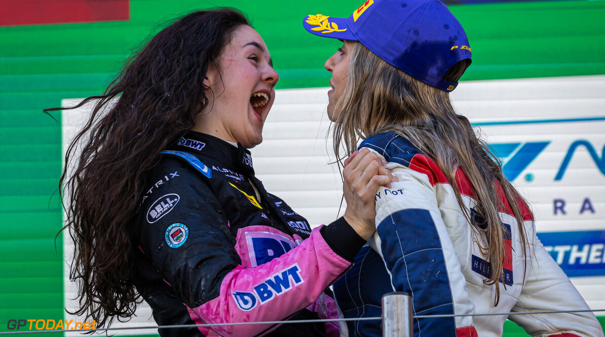 FIA Formula Academy
(L to R): Race winner Abbi Pulling (GBR) Rodin Motorsport celebrates on the podium with second placed Nerea Marti (ESP) Campos Racing.

25.08.2024. FIA Formula Academy, Rd 4, Race 1, Zandvoort, Netherlands, Sunday.

- www.xpbimages.com, EMail: requests@xpbimages.com Copyright: XPB Images
Motor Racing - FIA Formula Academy - Sunday - Zandvoort, Netherlands
xpbimages.com
Zandvoort
Netherlands

August Sunday Circuit Zandvoort August The Netherlands Holland N